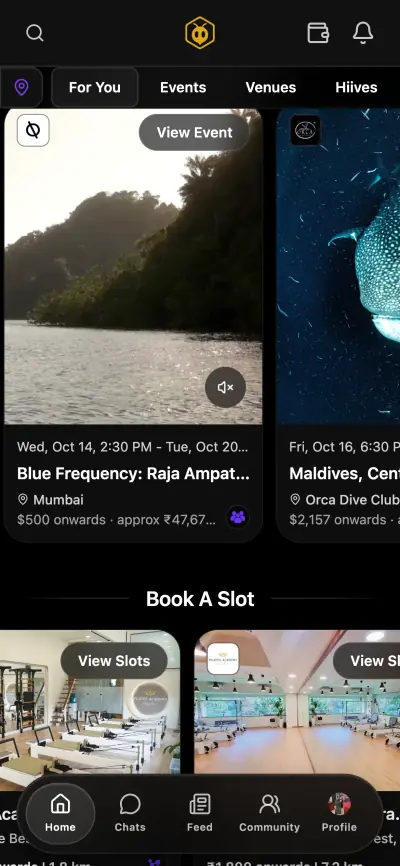 The Hiive discovery feed showing events happening nearby, with dates, prices and venues