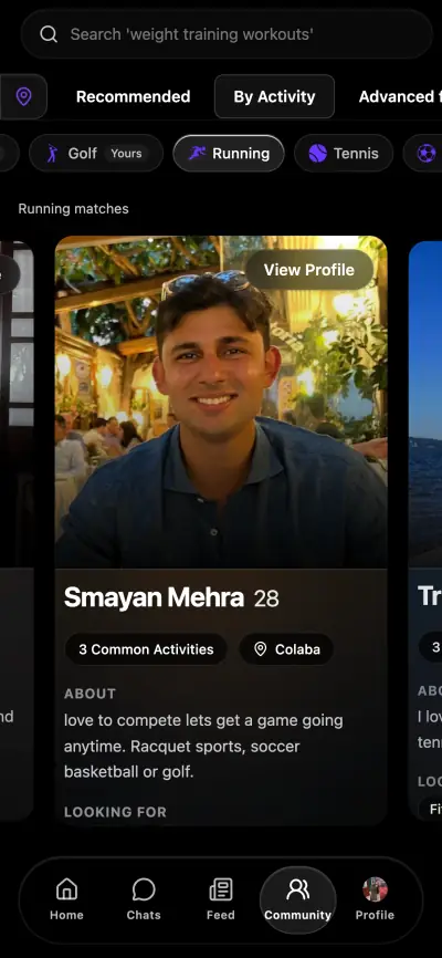A Hiive member profile matched by shared activities, showing common interests and location
